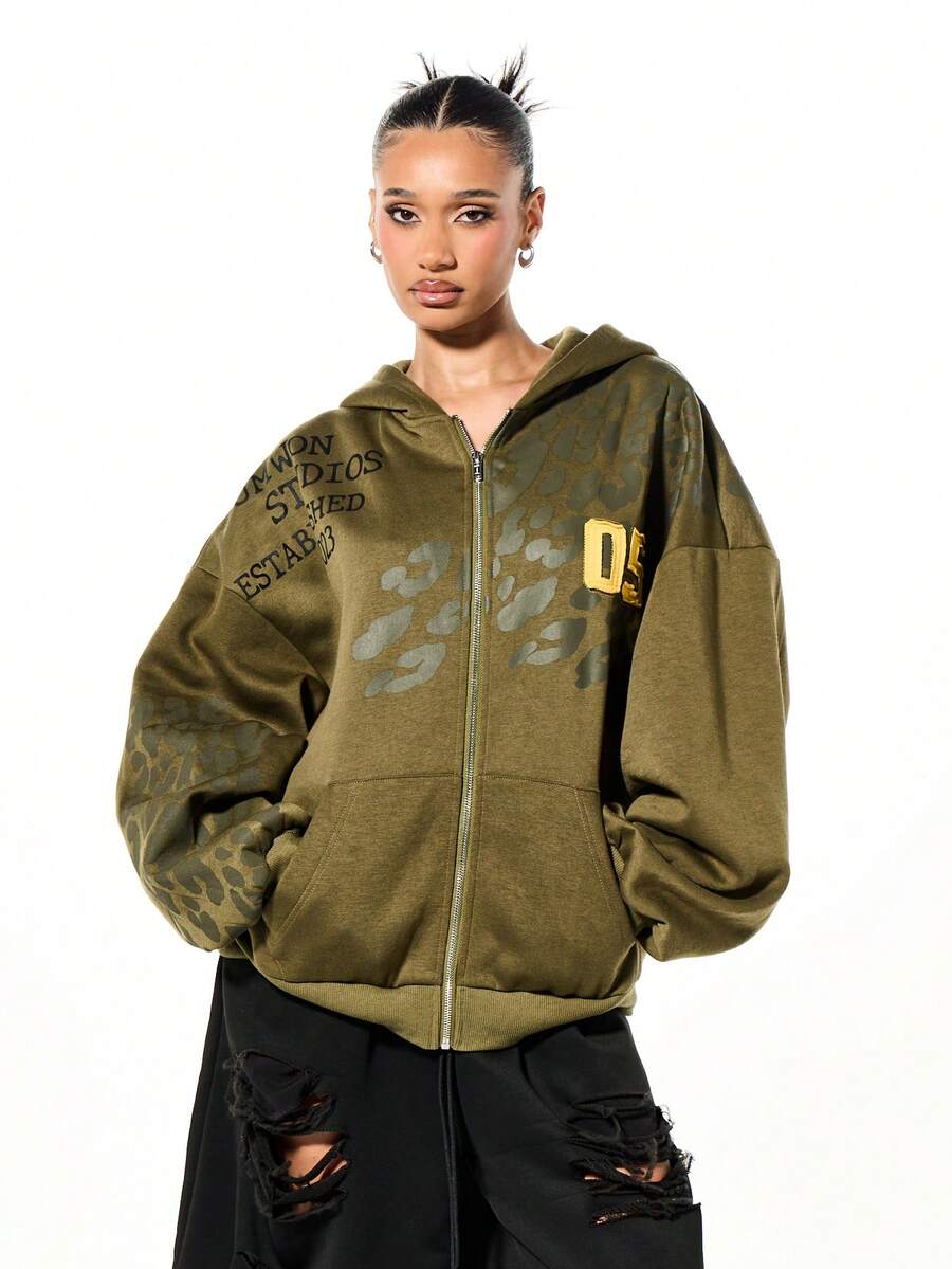 SUMWON Plus Size Camouflage Print Full Zip Hoodie With Drawstring And Front Centre Pocket/Winter - Army Green - View 1