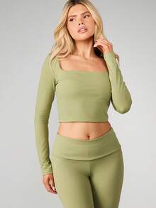 MISSGUIDED Long Sleeve Square Neck Crop Top With Fitted Silhouette And Sage Tone - Green - View 1