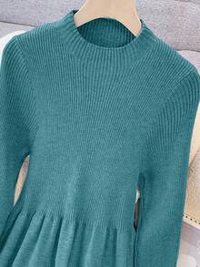 GlowEve 女士时尚高端别致圆领修身休闲流苏单排扣针织背心和长袖针织连衣裙套装，秋冬款 - 水鴨藍 - 查看 5