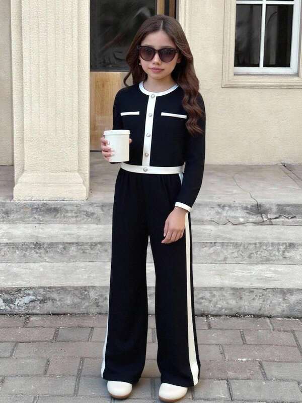 SHEIN Tween Girls' Elegant Black & White Contrast Outfit, Suitable For Children's Casual Wear, Back To School, Ceremonies, Daily Wear, School, Travel, Autumn/Winter, Parties, Weddings, Christmas, Halloween, Formal Events, Concerts Girls Pants Suit