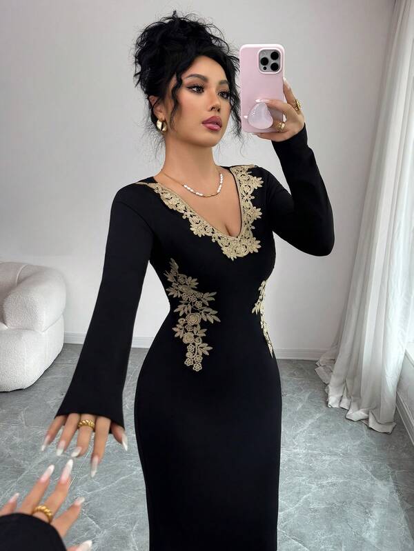 Elenzga Women's Elegant Solid Color V-Neck Gold Lace Trim Long Sleeve Fitted Bodycon Dress, Suitable For Women's Parties, Dates, Parties, Commuting, Daily Wear, Autumn/Winter Season, Women's Long Dress With Gold Lace Trim, Women's Long Sleeve Dress