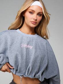 Missguided x Playboy Bunny Logo Heathered Sweatshirt With Drawstring Hem And Long Sleeves For Casual Comfort - Light Grey - View 4