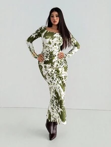 Aidyla 秋季豹纹针织数码印花长袖派对腰部修身优雅风格女式连衣裙，多色 - 綠色 - 查看 4