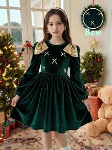 1pc Girls Kids Autumn New Green Velvet Fabric Round Neck Long Sleeve Elastic Waist Gold Bow Decor Simple Versatile Casual Dress For Daily Wear & Party - Dark Green - View 1