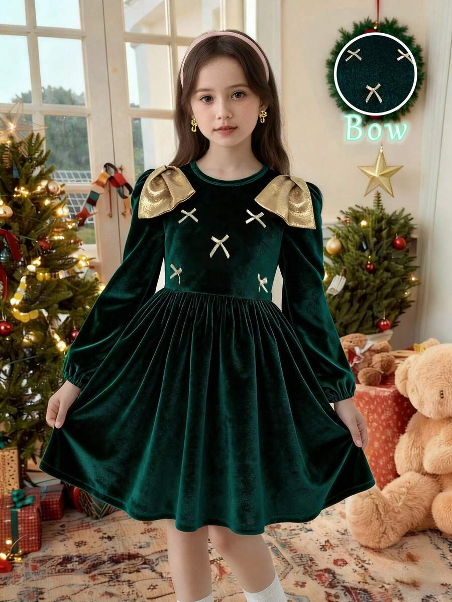 1pc Girls Kids Autumn New Green Velvet Fabric Round Neck Long Sleeve Elastic Waist Gold Bow Decor Simple Versatile Casual Dress For Daily Wear & Party - Dark Green - View 1
