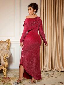 Cravure Plus Size Women's Elegant Oblique Shoulder Long Sleeve Cinched Waist Bodycon Dress, Suitable For Outings, Gatherings, Back To School Season - Burgundy - View 2