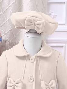 SHEIN Elladie kids 年轻女孩通勤休闲可爱蝴蝶结大衣 - 贝雷帽 - 米色 - 查看 4