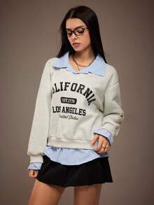 Women's Casual School Style Letter Print 2 In 1 Shirt Collar Sweatshirt, Autumn/Winter - Grey - View 4
