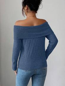Selianne Top de manga larga ajustado con hombros descubiertos y cuello estilo americano sexy, diseño exclusivo de alta gama, adecuado para otoño/invierno - Dark Blue - Ver 2