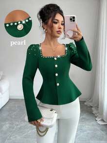 Elenzga Women's Elegant Commuter French Square Collar Bubble Pearl Crafted Puff Sleeve Long Sleeve Casual Blouse, Suitable For All Seasons, Autumn/Winter - Green - View 6