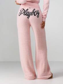 Missguided x Playboy Quần chạy bộ ống rộng dệt kim mềm mại có dây rút cho trang phục mặc nhà ấm áp và thoải mái trong mùa đông - Hồng - Xem 1