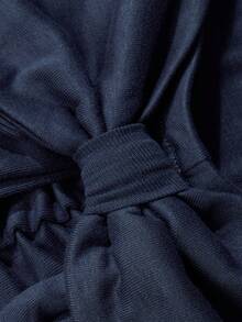 Rina Fox Áo thun dài tay xếp ly hở vai họa tiết nơ thanh lịch dành cho nữ năm 2025, màu trơn tối giản, thu/đông - Màu xanh hải quân - Xem 3