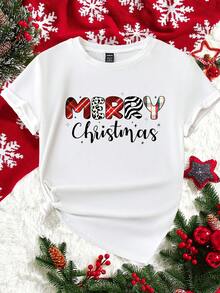 SHEIN EZwear Christmas Casual Merry Christmas Plaid Zebra & Cow Print Pattern Round Neck Short Sleeve Loose Women T-Shirt, Autumn/Winter Pullover Graphic