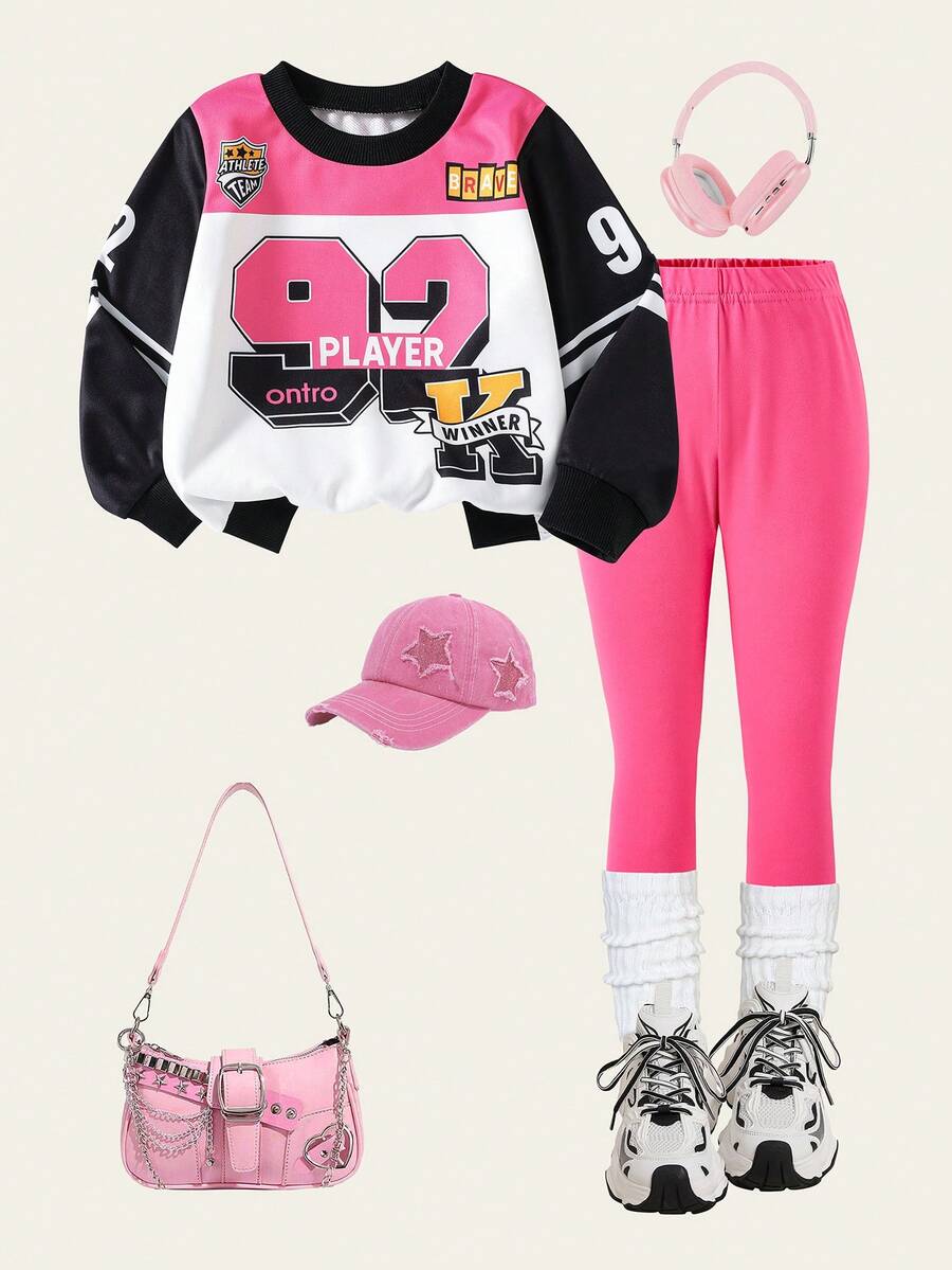 Young Girl Contrast Color Round Neck Long Sleeve Creative Numeric Pattern Casual Pullover Pullover Sweatshirt Set - Multicolor - View 1