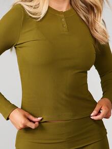 MISSGUIDED Camiseta de manga larga con cuello henley acanalado, esencial básica para capas en otoño e invierno - Verde - Ver 4