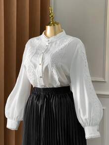 SHEIN Clasi Plus Size Women's New Elegant Versatile Loose Design Lace Patchwork Lantern Sleeve Single-Breasted Blouse - White - View 6