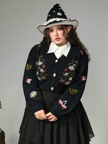 ROMWE Fairycore 复古蘑菇刺绣图案加大码仙女风蘑菇花卉森林树叶植物刺绣开衫毛衣，秋冬加大码女式上衣，加大码女式针织开衫 - 彩色 - 查看 2