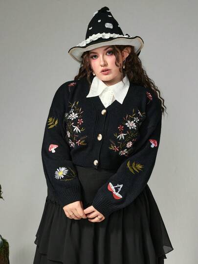 Fairycore Cardigan tricoté avec motif de champignons vintage, feuilles de forêt et fleurs, style Fairycore, tailles plus, pour femmes en automne/hiver