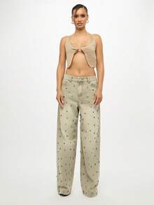 SUMWON Quần jean denim ống rộng đính đinh tán cỡ lớn có chi tiết kim loại kiểu dáng Palazzo cạp cao cổ điển đã giặt - Màu Khaki - Xem 3