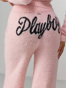 Missguided x Playboy Quần chạy bộ ống rộng dệt kim mềm mại có dây rút cho trang phục mặc nhà ấm áp và thoải mái trong mùa đông - Hồng - Xem 4