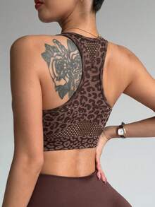 Easithlete 1 Áo ngực thể thao lưng lưới họa tiết da báo gợi cảm dành cho nữ, dùng để chạy bộ, tập thể dục, yoga - Cà phê nâu - Xem 2