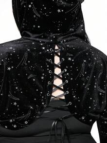 ROMWE Goth 大码哥特式星月亮片羊毛装饰短款优雅闪亮外套，适合秋季穿着；大码女式秋冬黑色连帽短款长袖卫衣；大码黑色连帽卫衣，适合秋冬穿着；哥特风短款上衣，适合圣诞节穿着。 - 黑色 - 查看 11