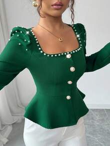 Elenzga Women's Elegant Commuter French Square Collar Bubble Pearl Crafted Puff Sleeve Long Sleeve Casual Blouse, Suitable For All Seasons, Autumn/Winter - Green - View 4