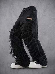 Manfinity Denimwave Herrjeans med slitna, råa fållar i svart