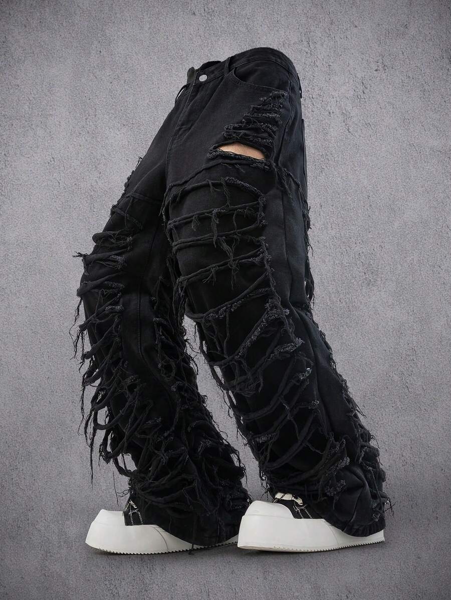 Manfinity Denimwave Men's Casual Distressed Ripped Raw Hem Black Jeans Punk Pants Men - Black - View 1