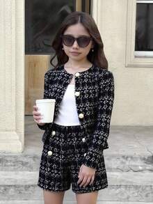 Serisse Kids Tween Girl Urban Chic Long Sleeve Jacket And Shorts Set Girls Two Piece Suit Girls Black Plaid Set Girls Autumn And Winter Suits Girls Plaid Set Two Piece Kids Set