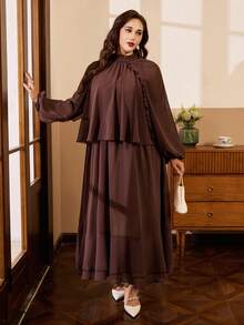 Elenzga Vestido feminino plus size de chiffon tecido, modelo regular, elegante e casual, com várias camadas de babados e mangas bufantes, na cor marrom. - Castanho - Ver 9