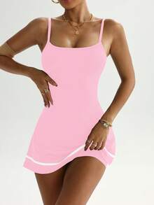 Dewbera Adjustable Strap Contrast Stripe Hem Tankini Dress With Shorts, Suitable For Spring/Summer - Baby Pink - View 3