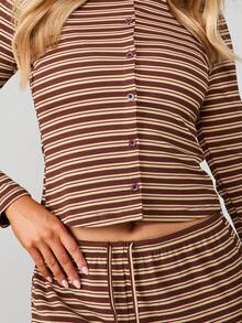 MISSGUIDED Ribbed Knit Two Piece Set Long Sleeve Top Wide Leg Pants Horizontal Striped Lounge Co Ord Fall Winter Casual Matching Outfit - Multicolor - View 5