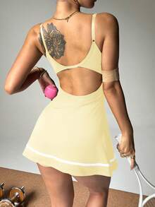 Gameset SHEIN Sport Adjustable Strap Contrast Stripe Hem Tankini Dress With Shorts, Suitable For Spring/Summer - Yellow - View 5