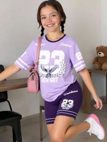 SHEIN 少女超大款白色印花撞色圆领短袖宽松T恤和修身短裤运动套装，紫色，夏季街头风 - 白色 - 查看 1