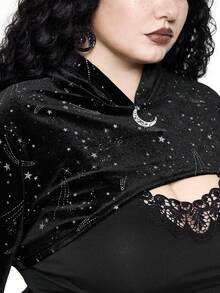 ROMWE Goth 大码哥特式星月亮片羊毛装饰短款优雅闪亮外套，适合秋季穿着；大码女式秋冬黑色连帽短款长袖卫衣；大码黑色连帽卫衣，适合秋冬穿着；哥特风短款上衣，适合圣诞节穿着。 - 黑色 - 查看 9