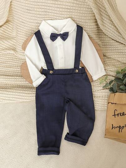 SHEIN 2pcs/Set Baby Boys Cute Formal Gentleman Style Outfit, Including White Long Sleeve Collared Shirt With Bowknot And Casual Suspender Pants, Fashionable Elegant Handsome, Suitable For Birthday Party, Ceremony, Performance, Wedding, Baby Shower, Christening And Other Formal Occasions, Spring/Autumn