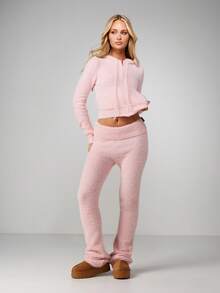 Missguided x Playboy Fluffy Knit Fold Over Waist Flared Yoga Pants With Script Detail - Pink - View 3