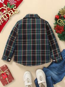 SHEIN 1 Áo sơ mi kẻ sọc kiểu Anh cho bé trai - Kẻ sọc nhiều màu cổ điển + Nơ xanh navy, thích hợp mặc dự tiệc và mặc hàng ngày, Xuân/Thu - màu xanh lá - Xem 2