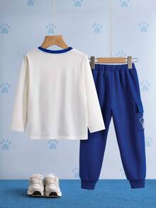 SHEIN | PAW Patrol 2pcs/Set Young Boy Cartoon Dog Graphic Knit Contrast Collar Long Sleeve T-Shirt And Cuffed Pocket Sweatpants, Autumn/Winter - Blue - View 3