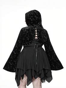 ROMWE Goth 大码哥特式星月亮片羊毛装饰短款优雅闪亮外套，适合秋季穿着；大码女式秋冬黑色连帽短款长袖卫衣；大码黑色连帽卫衣，适合秋冬穿着；哥特风短款上衣，适合圣诞节穿着。 - 黑色 - 查看 12