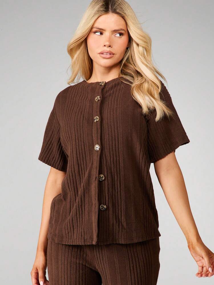 MISSGUIDED Conjunto Coordenado de Malha Canelada de Natal, Top com Botões na Frente e Calça Perna Larga, Roupa de Descanso para Outono e Inverno