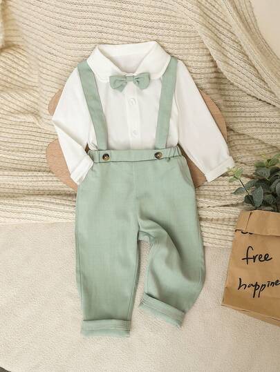 SHEIN 2pcs/Set Baby Boys Cute Formal Gentleman Style Outfit, Including White Long Sleeve Collared Shirt With Bowknot And Casual Suspender Pants, Fashionable Elegant Handsome, Suitable For Birthday Party, Ceremony, Performance, Wedding, Baby Shower, Christening And Other Formal Occasions, Spring/Autumn