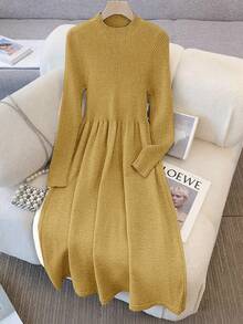 GlowEve Fashionable High-End Chic Round Neck Slimming Casual Long Cardigan & Knit Midi Dress 2 Pieces Set, Autumn/Winter - Pale Yellow - View 6