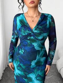 Elenzga 大码女士优雅扭结V领花卉网纱紧身连衣裙 - 彩色 - 查看 3