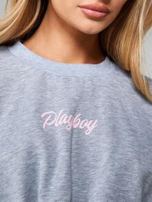 Missguided x Playboy Bunny Logo Heathered Sweatshirt With Drawstring Hem And Long Sleeves For Casual Comfort - Light Grey - View 5