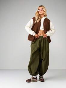 MISSGUIDED 舒适羊羔绒拉链背心抓绒马甲冬季保暖外套秋季外衣 - 棕色 - 查看 5