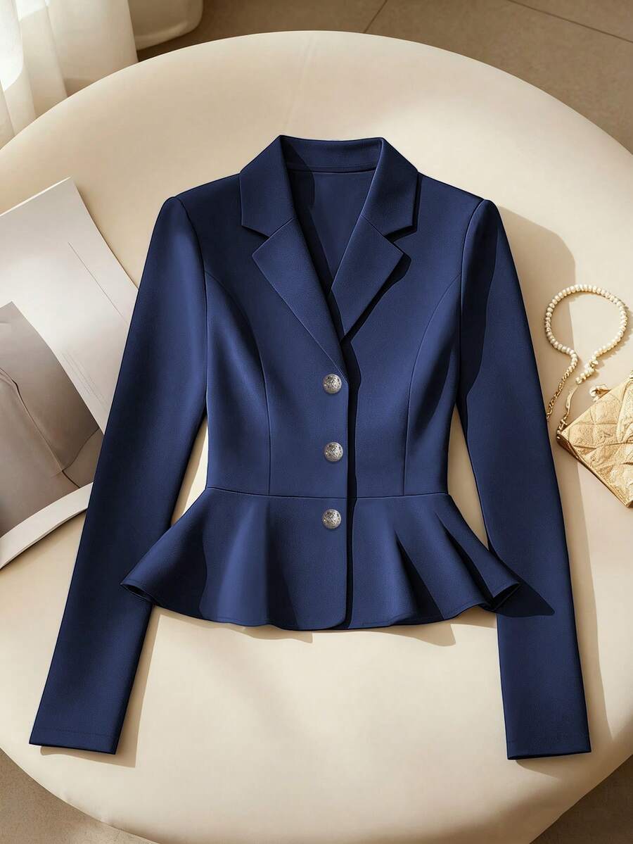 Franclia Women's Fashionable Elegant Ruffle Trim Cardigan Jacket - Navy Blue - View 1