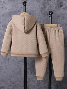 Genkimix Kids 2件套男童休闲纯色长袖保暖拉链外套和裤子套装，适合秋冬季休闲及户外穿着，男童套装，保暖内衬 - 卡其色 - 查看 2