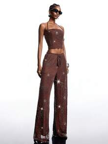 LYSMO Women's Punk Style Halter Neck Tank Top & Long Pants 2 Pieces Set - Coffee Brown - View 4